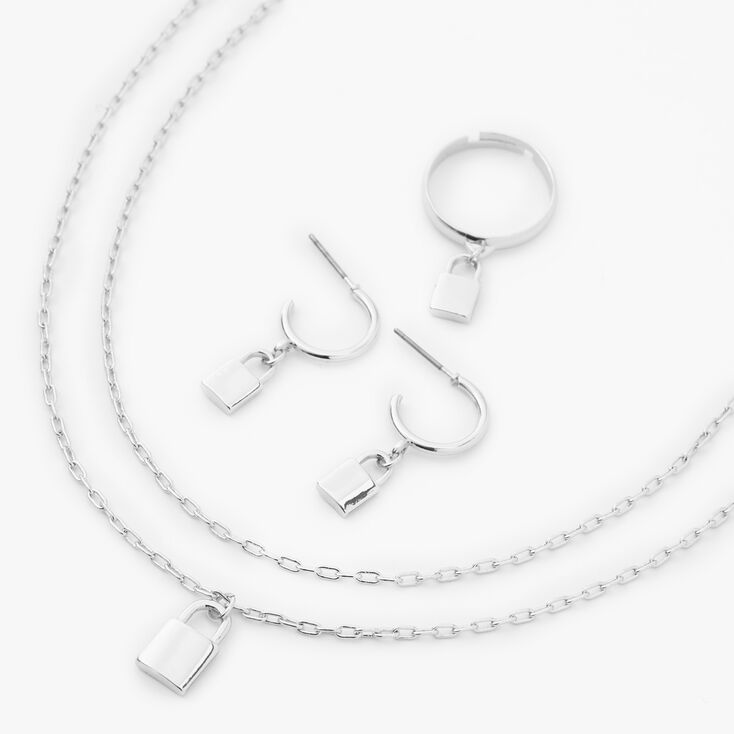 Silver Padlock Necklace, Earrings, &amp; Ring Set - 3 Pack,