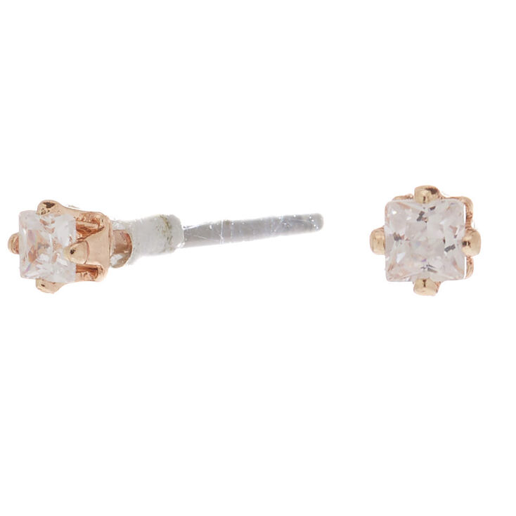 Rose Gold Cubic Zirconia 2MM Square Stud Earrings,