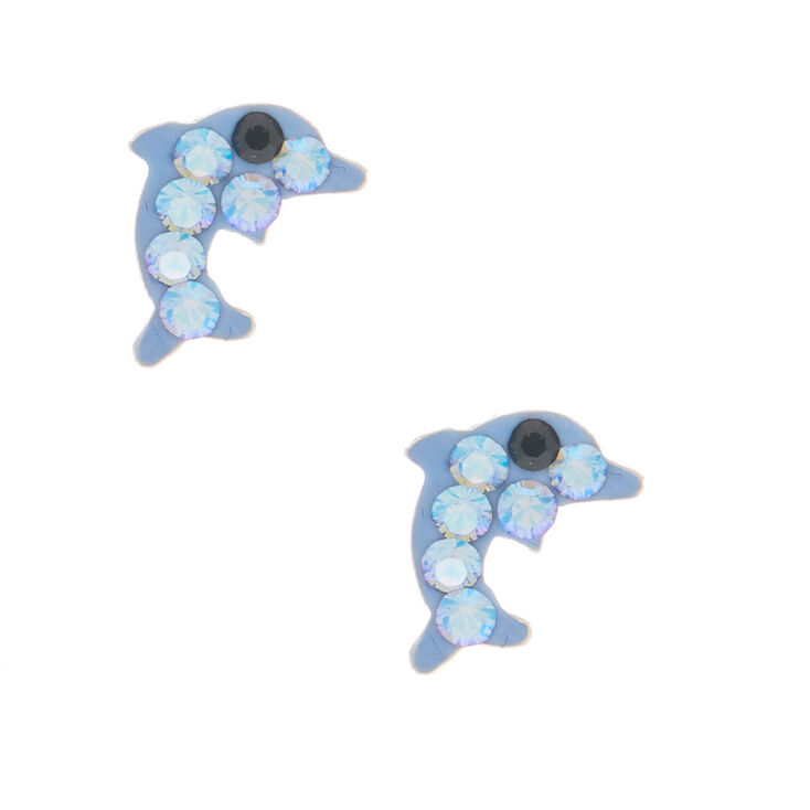 Sterling Silver Pastel Crystal Dolphin Stud Earrings,