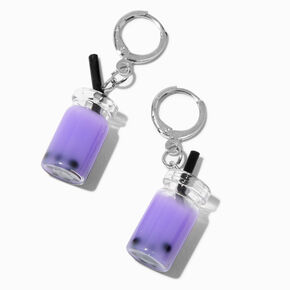 Silver 10MM Purple Bubble Tea Huggie Hoop Earrings,