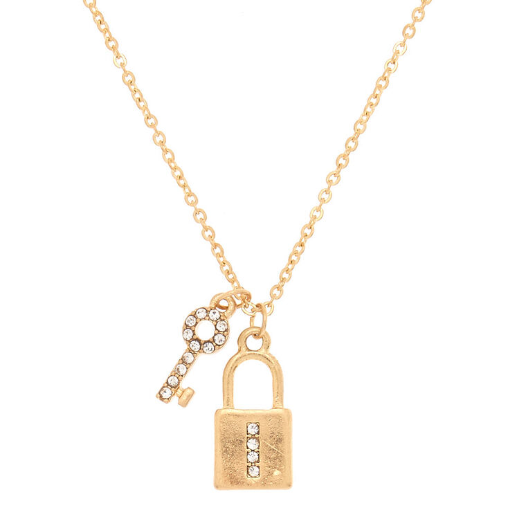 Gold Lock & Key Initial Pendant Necklace - I,