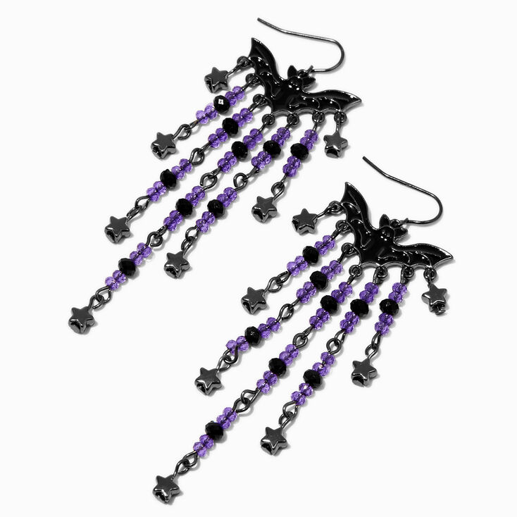 Black Bat Beaded &amp; Chain 4&quot; Drop Earrings,