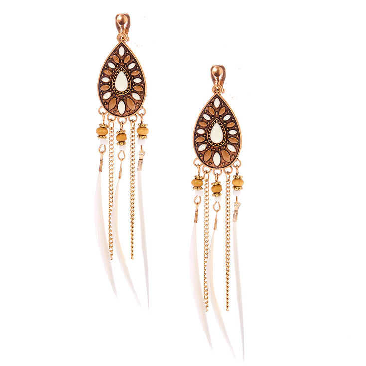 Gold 4" Boho Feather Clip On Drop Earrings - Ivory,