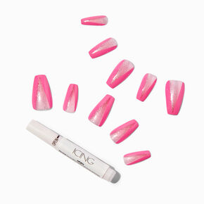 Pink Glitter V Tip Coffin Vegan Faux Nail Set - 24 Pack,