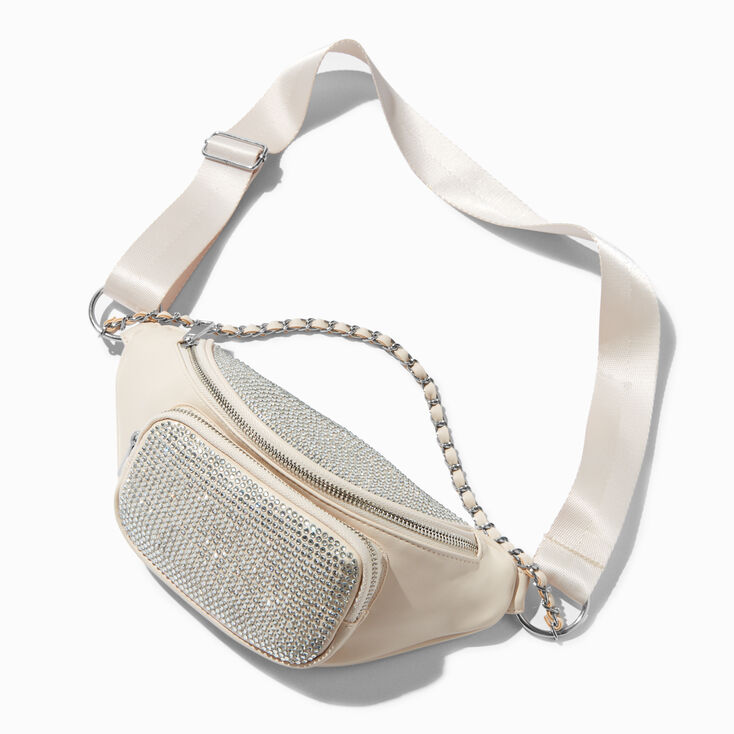 Rhinestone-Studded Faux-Leather Fanny Pack - Ivory,