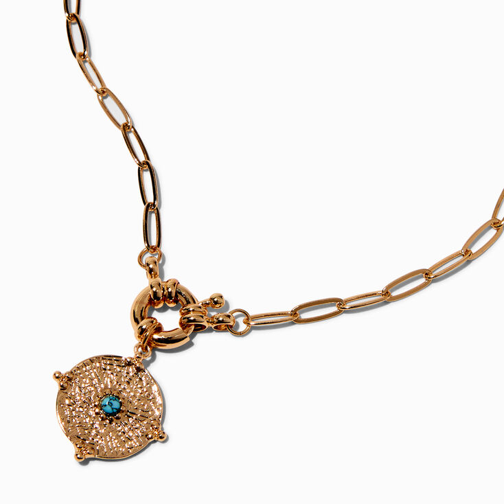Gold-tone Textured Coin &amp; Blue Stone Toggle Clasp Pendant Necklace,