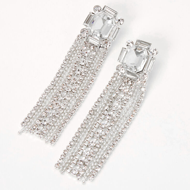 Rhinestone Columns Silver 3&quot; Linear Drop Earrings,
