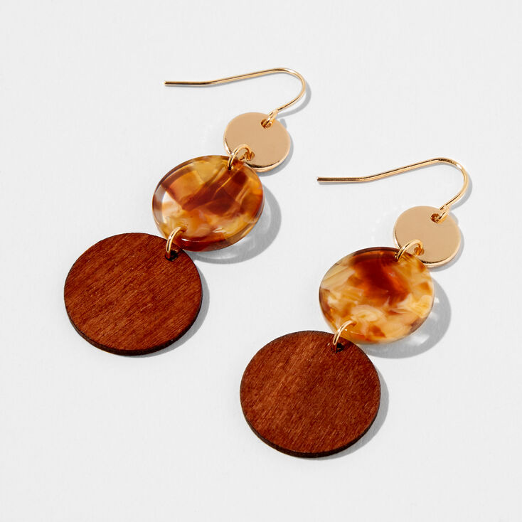 Gold 2&quot; Wood &amp; Tortoiseshell Disc Drop Earrings,