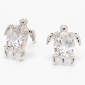 Silver Cubic Zirconia Turtle Stud Earrings - 8MM,