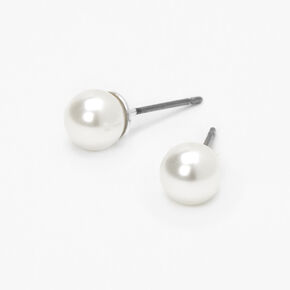 Silver Pearl Stud Earrings - White, 6MM,