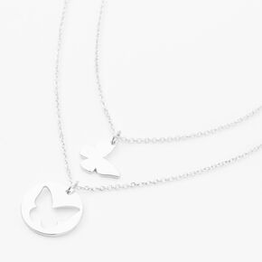 Silver Butterfly Cutout Pendant Chain Necklace Set - 2 Pack,