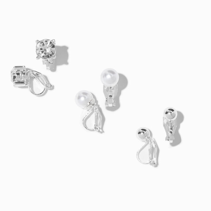 Silver Crystal Pearl Clip On Stud Earrings - 3 Pack,
