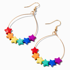 Rainbow Star Gold Oval 2.5&#39;&#39; Hoop Drop Earrings,