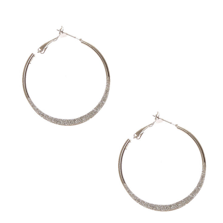 Silver Glitter Knife Edge Hoop Earrings,