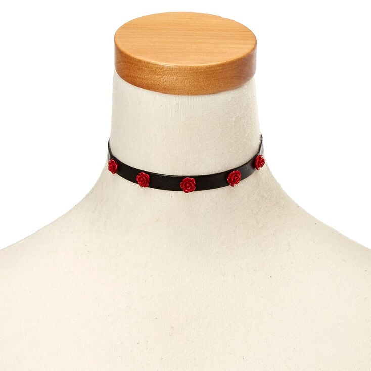 Black Faux Leather & Carved Roses Choker Necklace,
