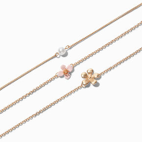 Gold Cherry Blossom Chain &amp; Cuff Bracelet Set - 4 Pack,