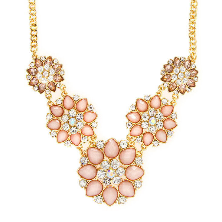 Juliet Pink Glitter Stone & Crystal Flowers Statement Necklace,