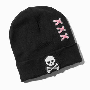 Pink Lace Up Skull Black Knit Beanie Hat,