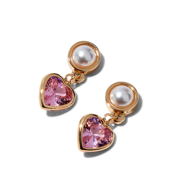 Gold-tone Pearl &amp; Pink Heart Cubic Zirconia 0.5&quot; Drop Earrings,