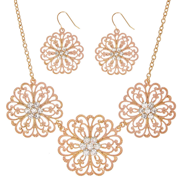 Gold-Tone & Blush Flower Statement Necklace & Earring Set,