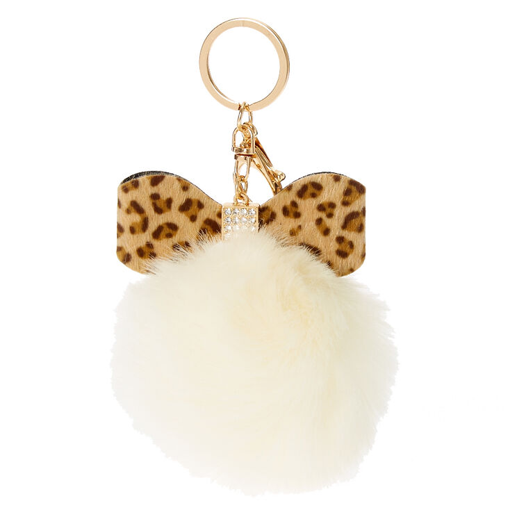 Ivory Leopard Bow Faux Fur Pom Key Ring,