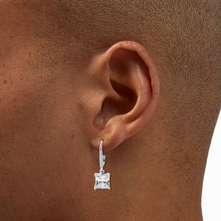 Square Cubic Zirconia Silver Huggie Hoop Earrings,