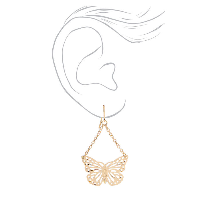 Gold 2&quot; Filigree Butterfly Drop Earrings,