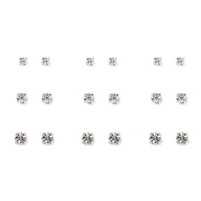 Silver Graduated Square Crystal Stud Earrings - 9 Pack,