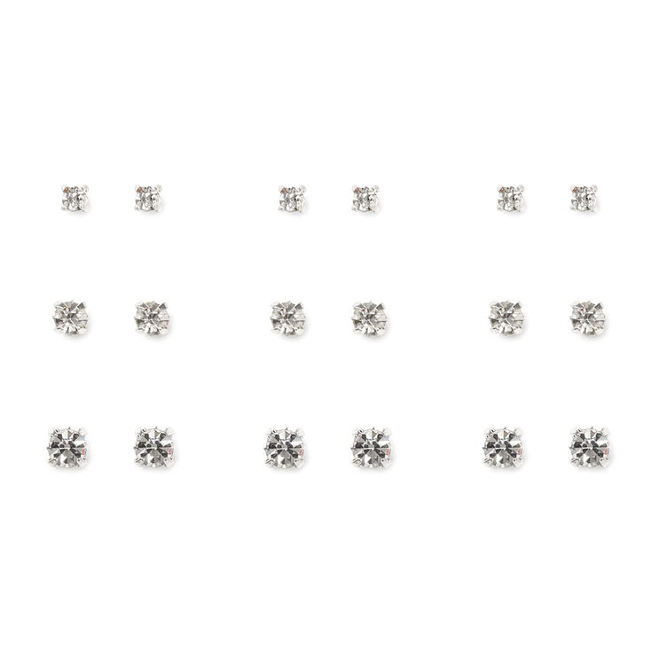 Silver Graduated Square Crystal Stud Earrings - 9 Pack,