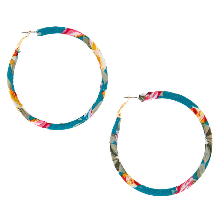 50MM Fabric Wrapped Floral Hoop Earrings - Teal,