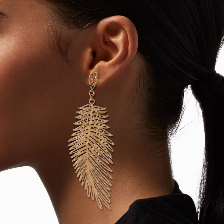 Gold-tone Filigree Feather 4&quot; Drop Earrings,