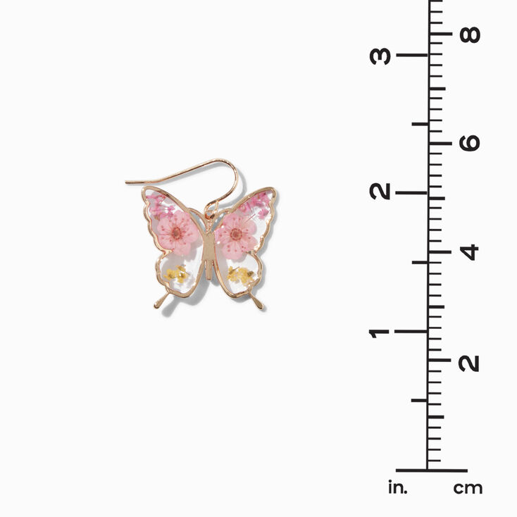 Gold-tone Pressed Flowers Butterfly 1&quot; Drop Earrings ,