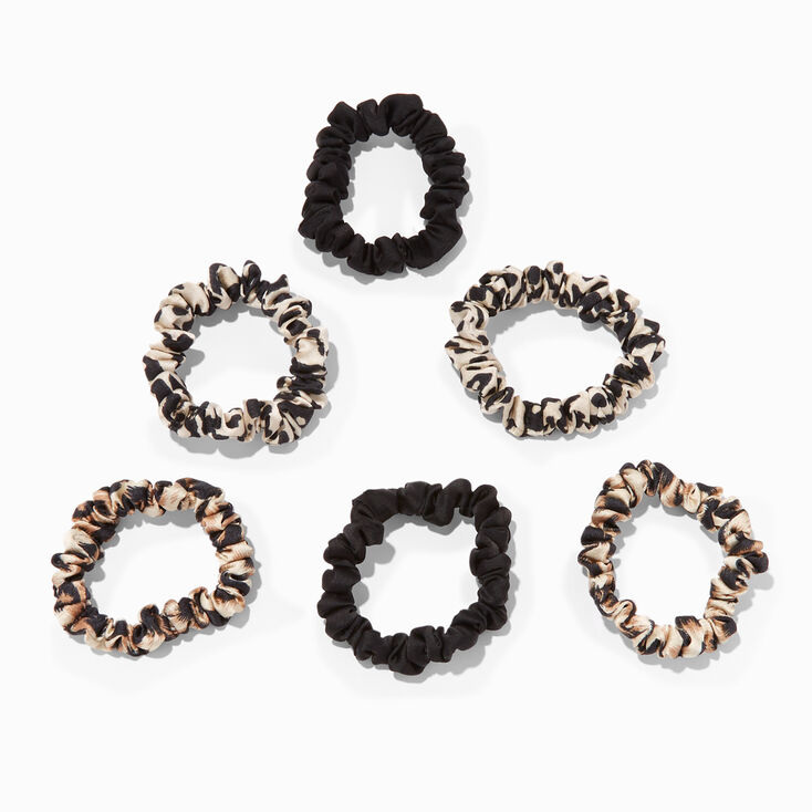 Black &amp; Animal Print Skinny Silky Hair Scrunchies - 6 Pack,