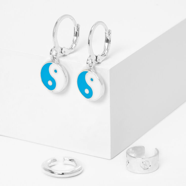 Blue Yin Yang Huggie Huggie Hoop Ear Cuffs Set,