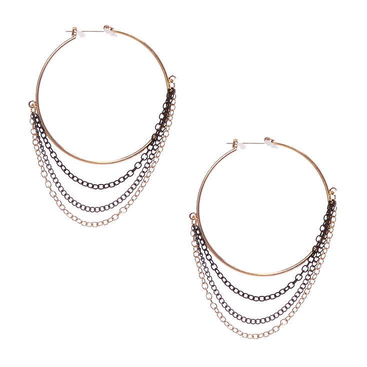 Black & Gold Chain Fringe Hoop Earrings,