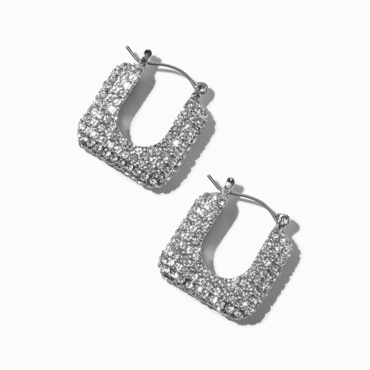 Silver-tone Pav&eacute; Rhinestone Square 15MM Hoop Earrings ,