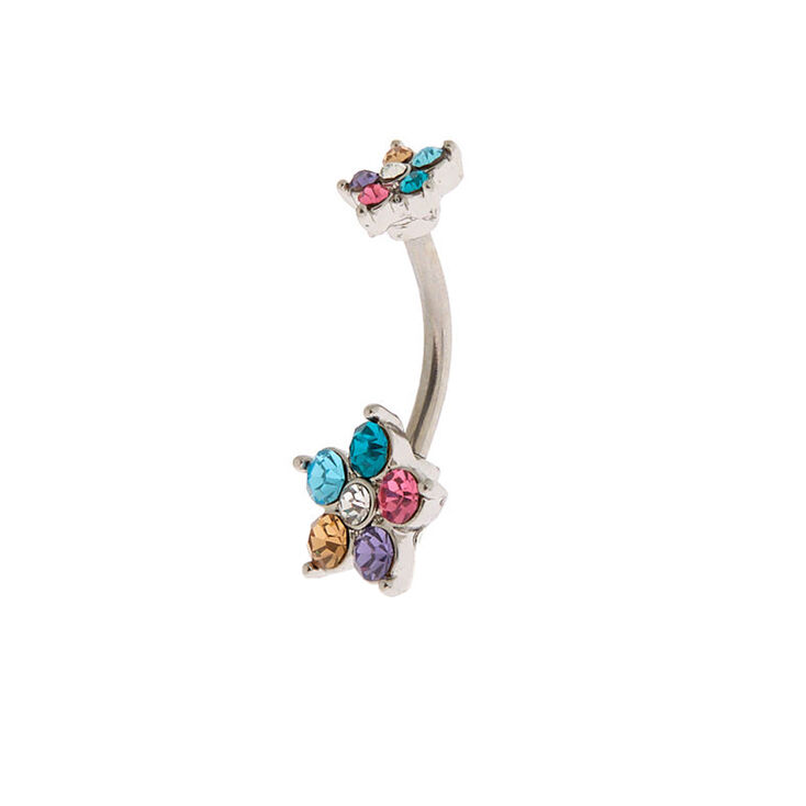 Silver 14G Rainbow Flower Belly Ring,
