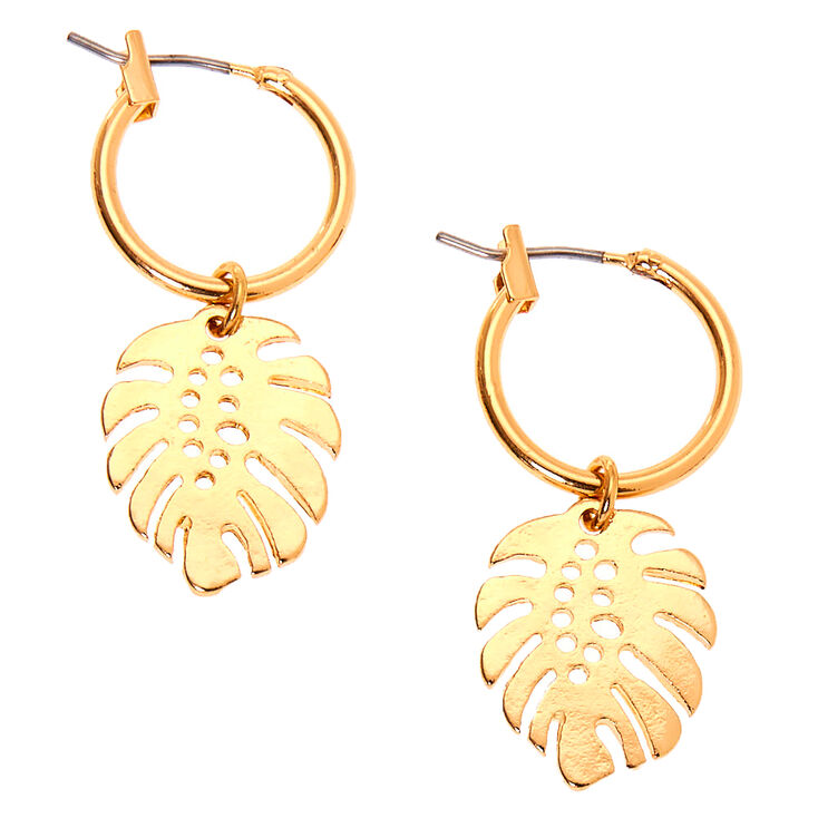 Gold 10MM Leaf Charm Hoop Earrings,