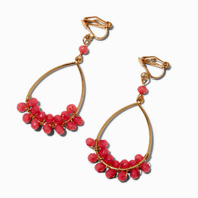 Pink Beaded Gold-tone Hoop Clip On 1.5&quot; Drop Earrings,