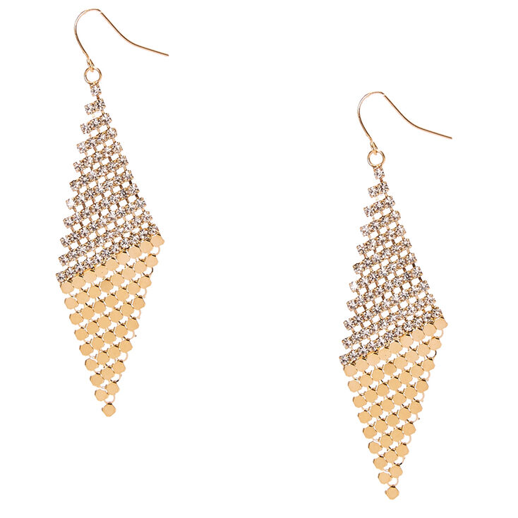 Gold Tone Slanted Crystal Mesh Diamond Drop Earrings,