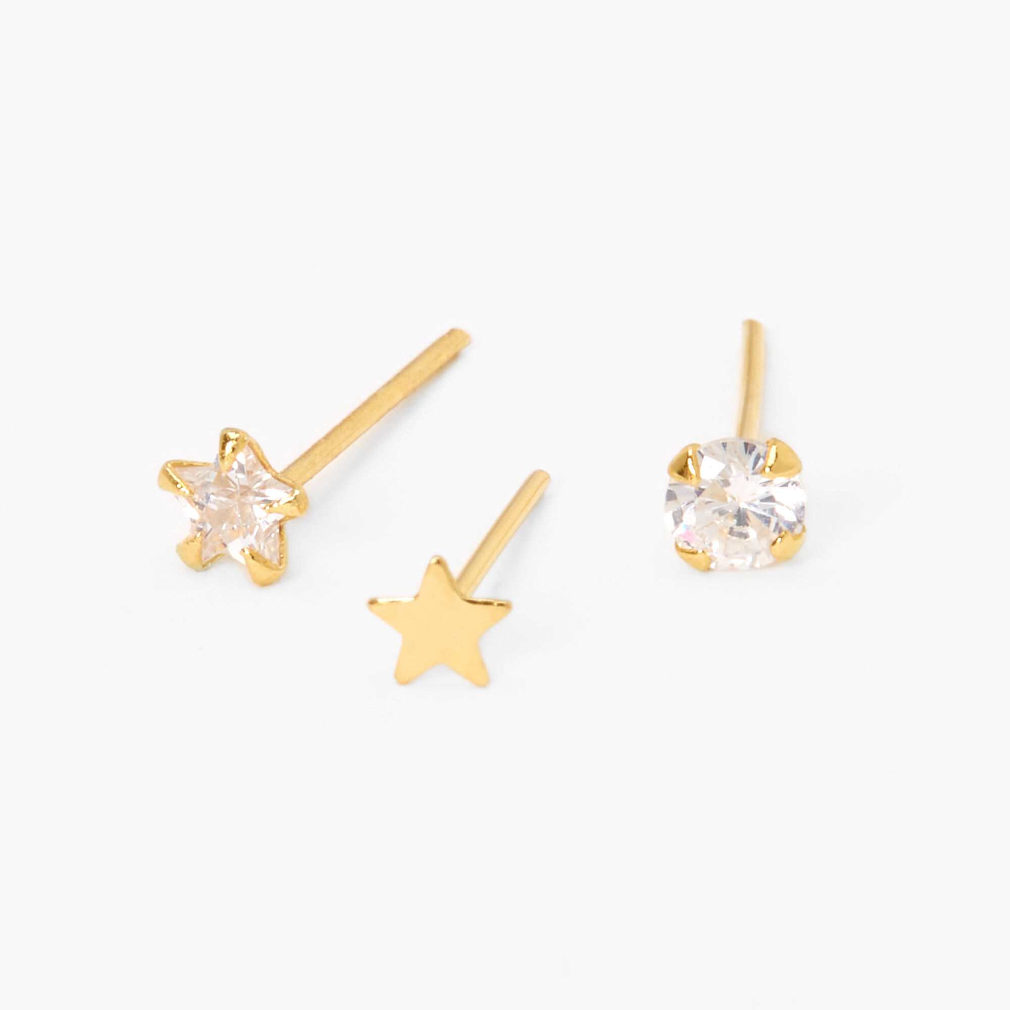 Gold Tone Sterling Silver 22G Crystal Star Nose Studs 3 Pack