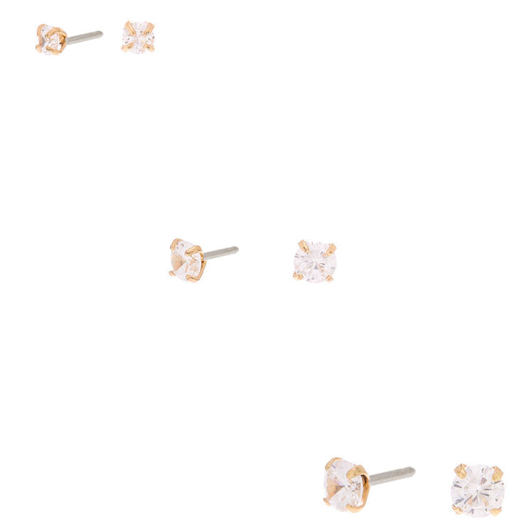 Gold Cubic Zirconia Graduated Round Stud Earrings - 3 Pack,