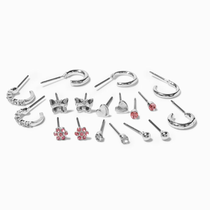 Pink Flower Mixed Silver-tone Stud Earrings - 9 Pack,