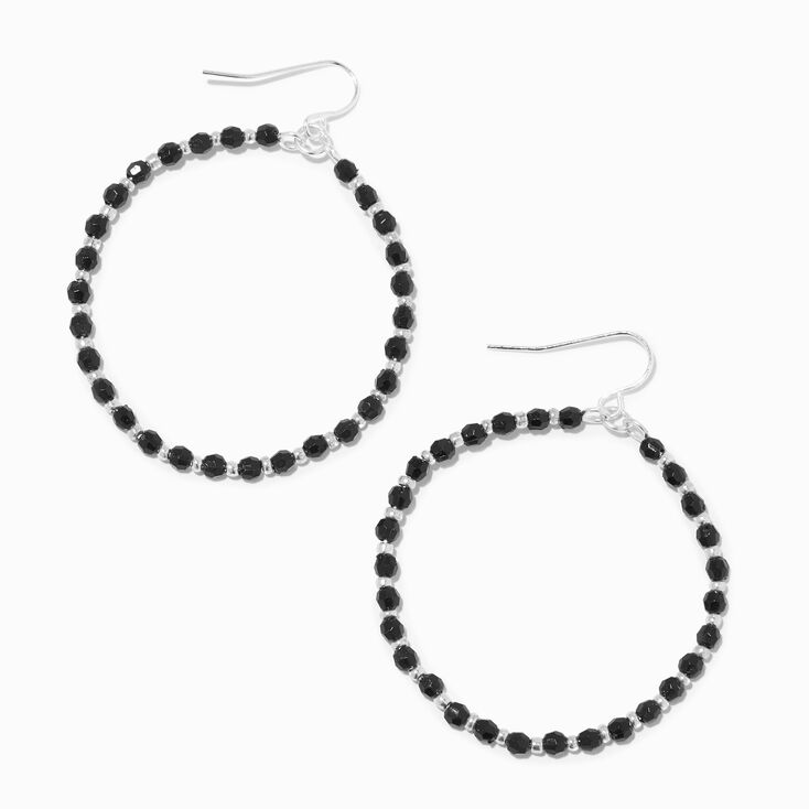 Silver Black Beads 1&quot; Hoop Drop Earrings,