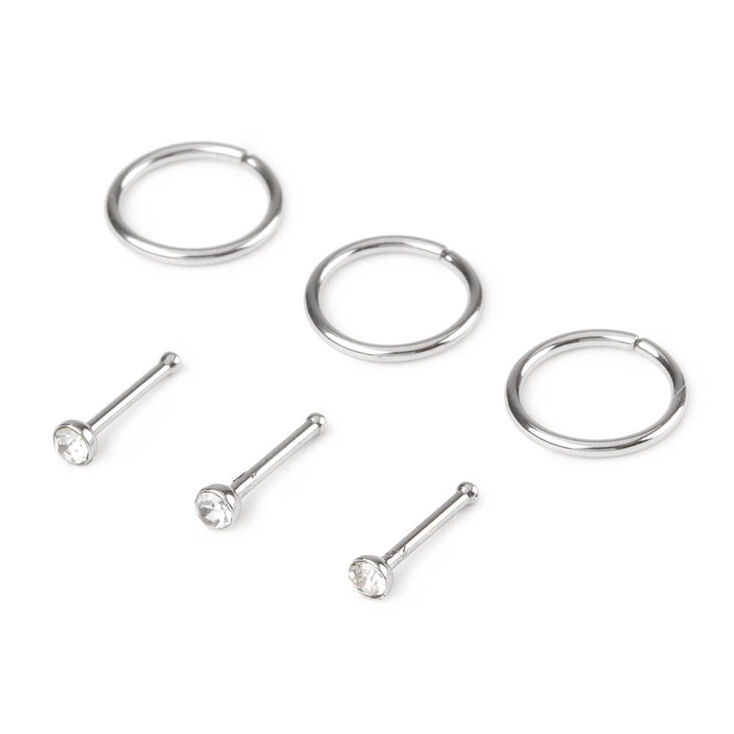 20G Crystal Stud & Hoop Nose Rings - 6 Pack,