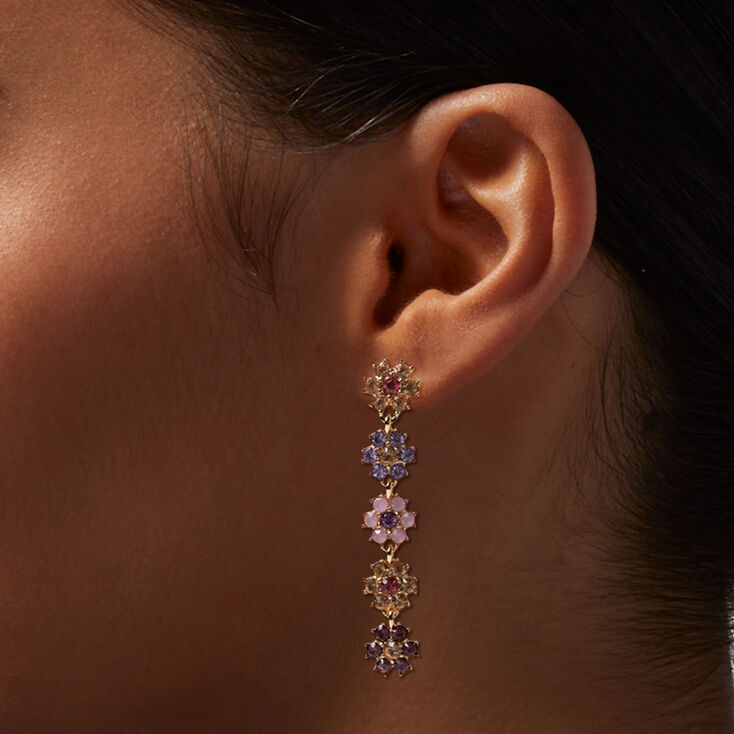 Rainbow Crystal Flowers Gold 2&quot; Linear Drop Earrings,