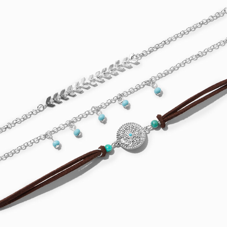 Turquoise Charm Silver Leaf Chain Bracelets - 3 Pack,