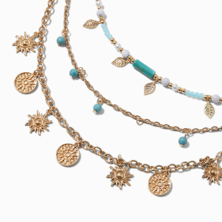 Gold-tone Coin &amp; Turquoise Beaded Multi-Strand Necklace,