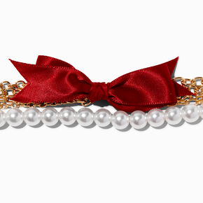 Gold-Tone Chain &amp; Pearl Bracelet with Red Bow,