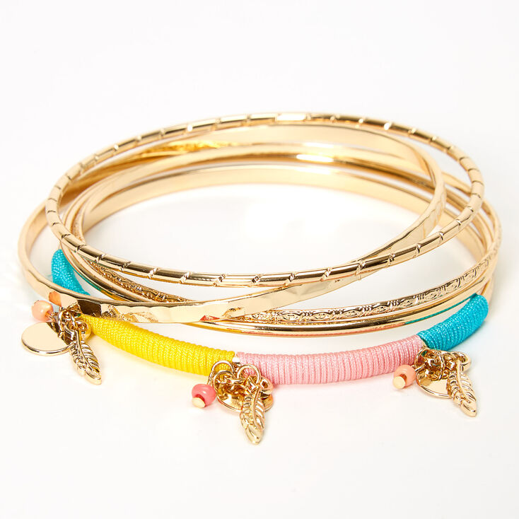 Gold Feather Beaded Bangle Bracelets - 5 Pack,